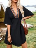 Embroidered Plunge Half Sleeve Mini Dress, black with colorful V-neck embroidery, Trendsi