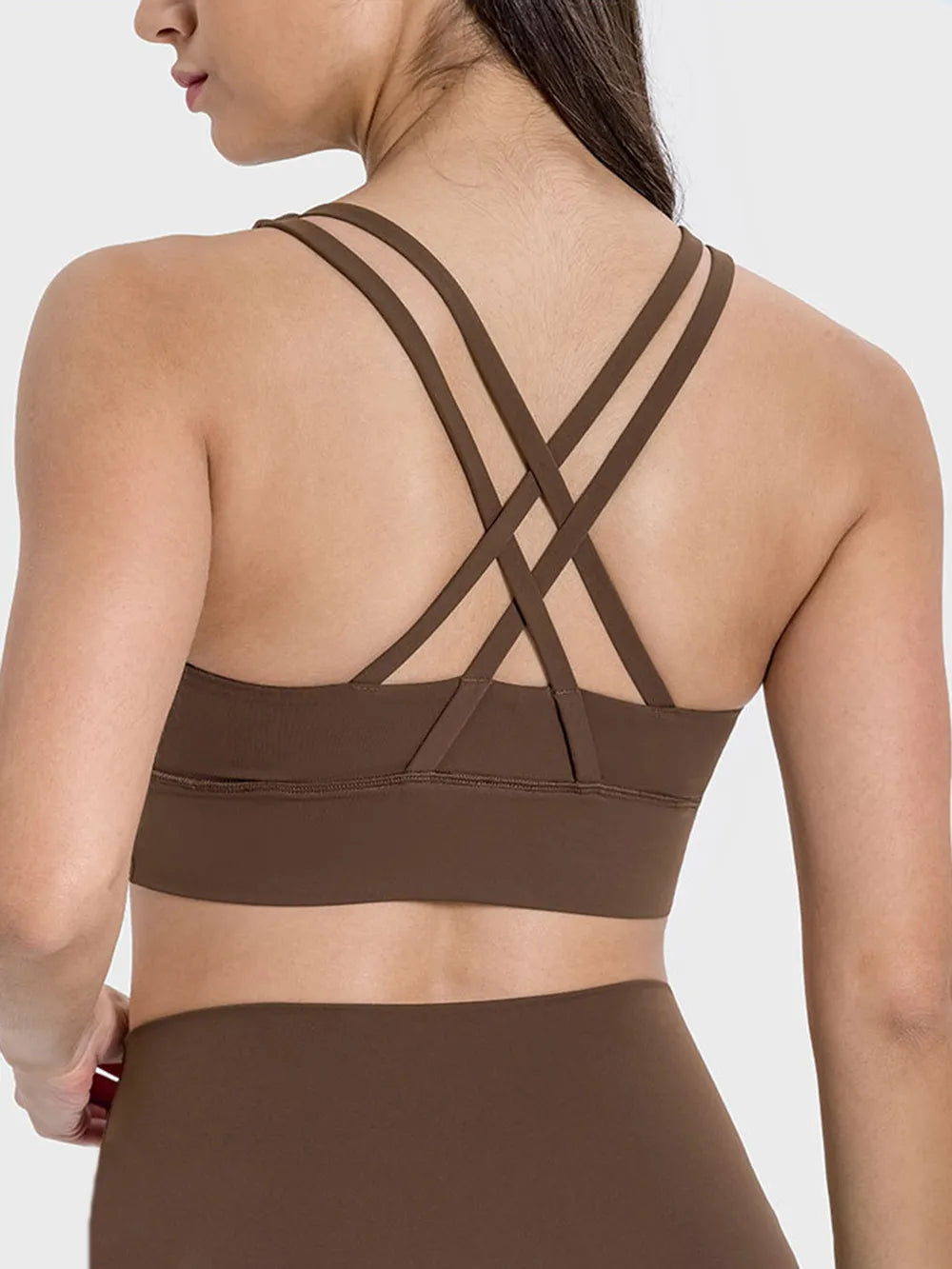 Dark brown active tank sports bra with crisscross X-back straps
