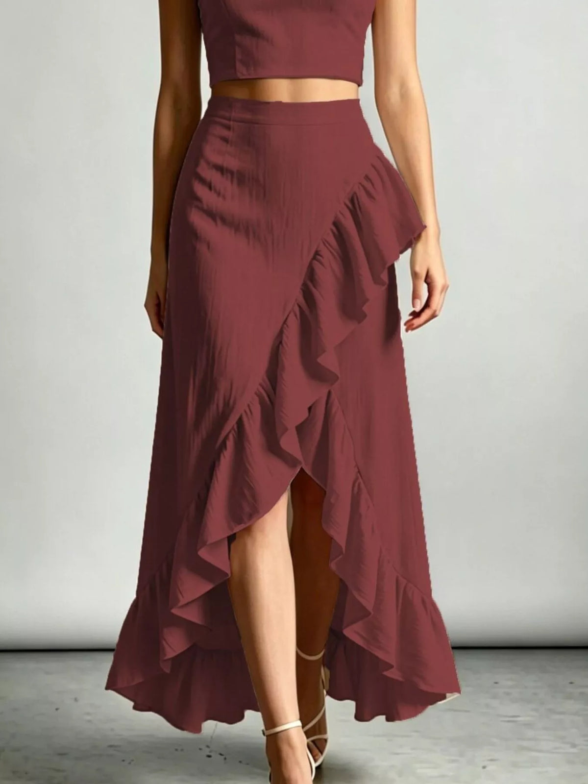 Burgundy high-low maxi skirt with ruffled halter crop top set