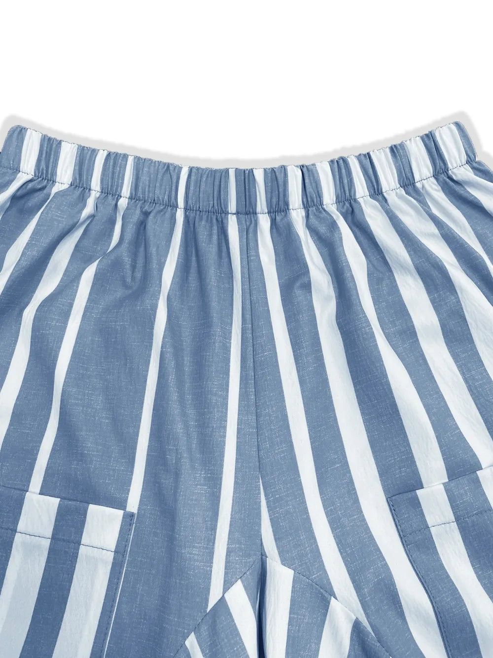 Elastic waist of light blue striped wide-leg pants with gathered waistband