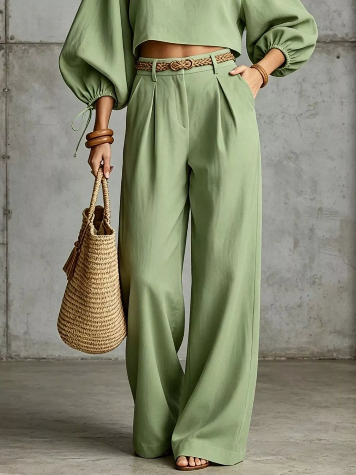 Sage green wide-leg pants with embroidered waist belt and balloon-sleeve crop top