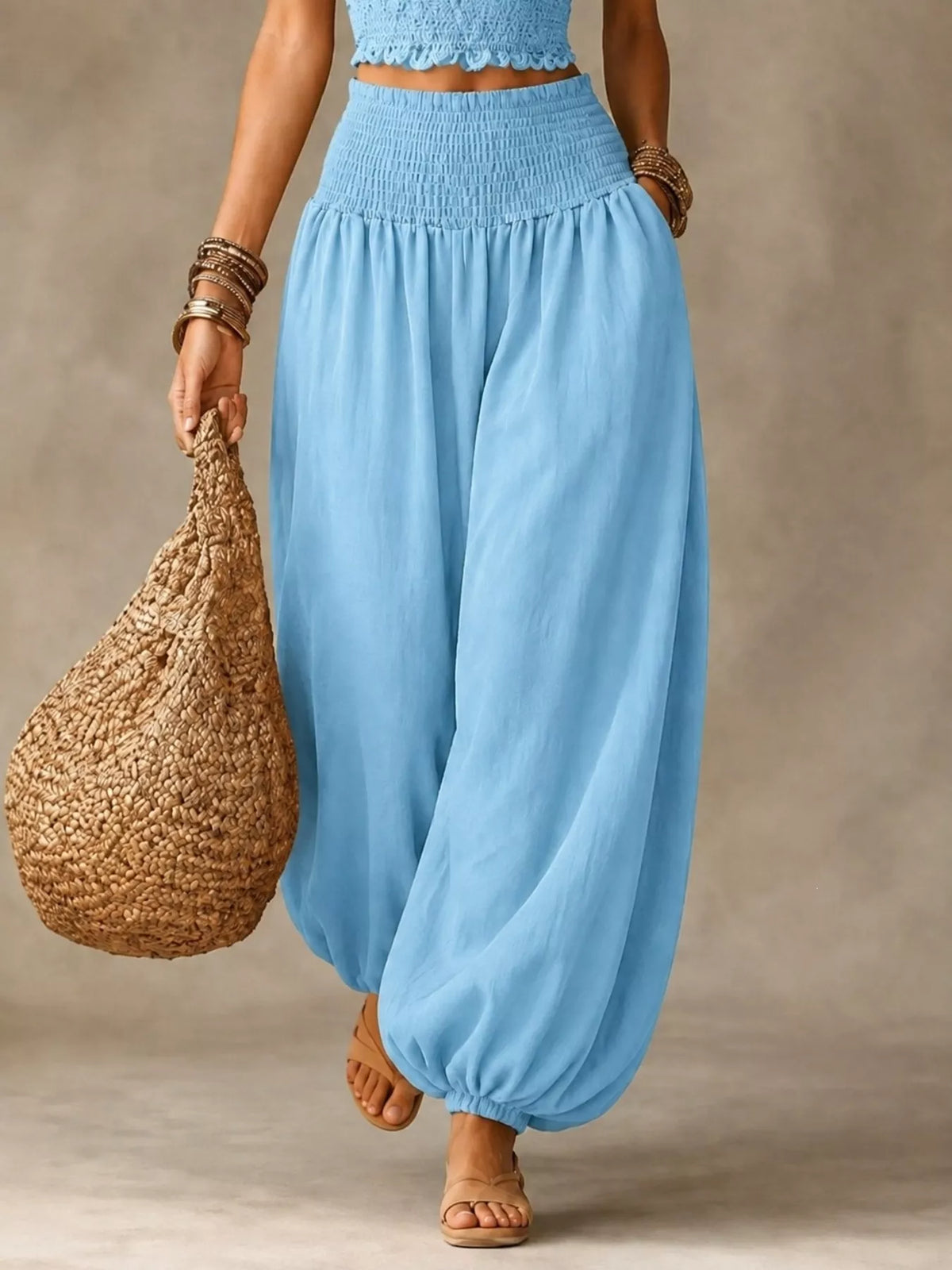 Elastic waist smocked harem pants, light blue, billowy gathered silhouette