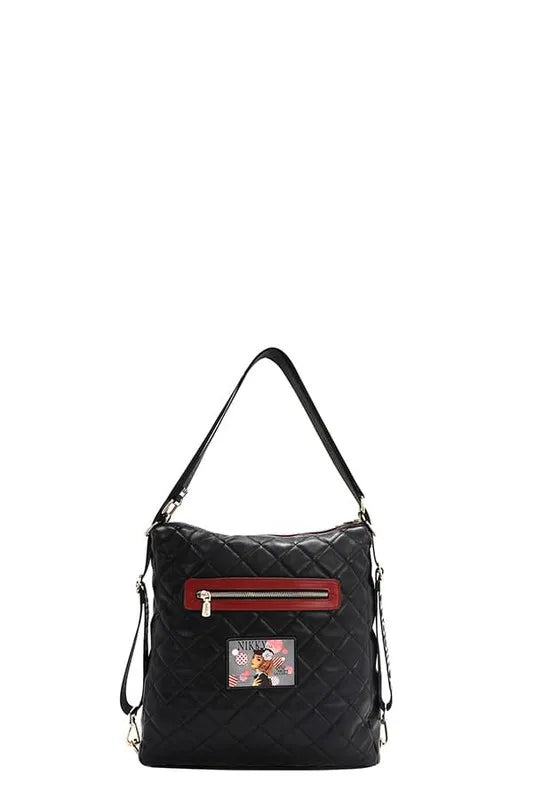 Convertible adjustable strap backpack bag, black quilted with red zipper trim and logo patch.
