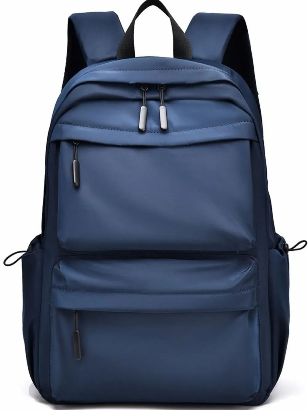 Navy multi-pocket backpack with front zip pockets and adjustable shoulder straps