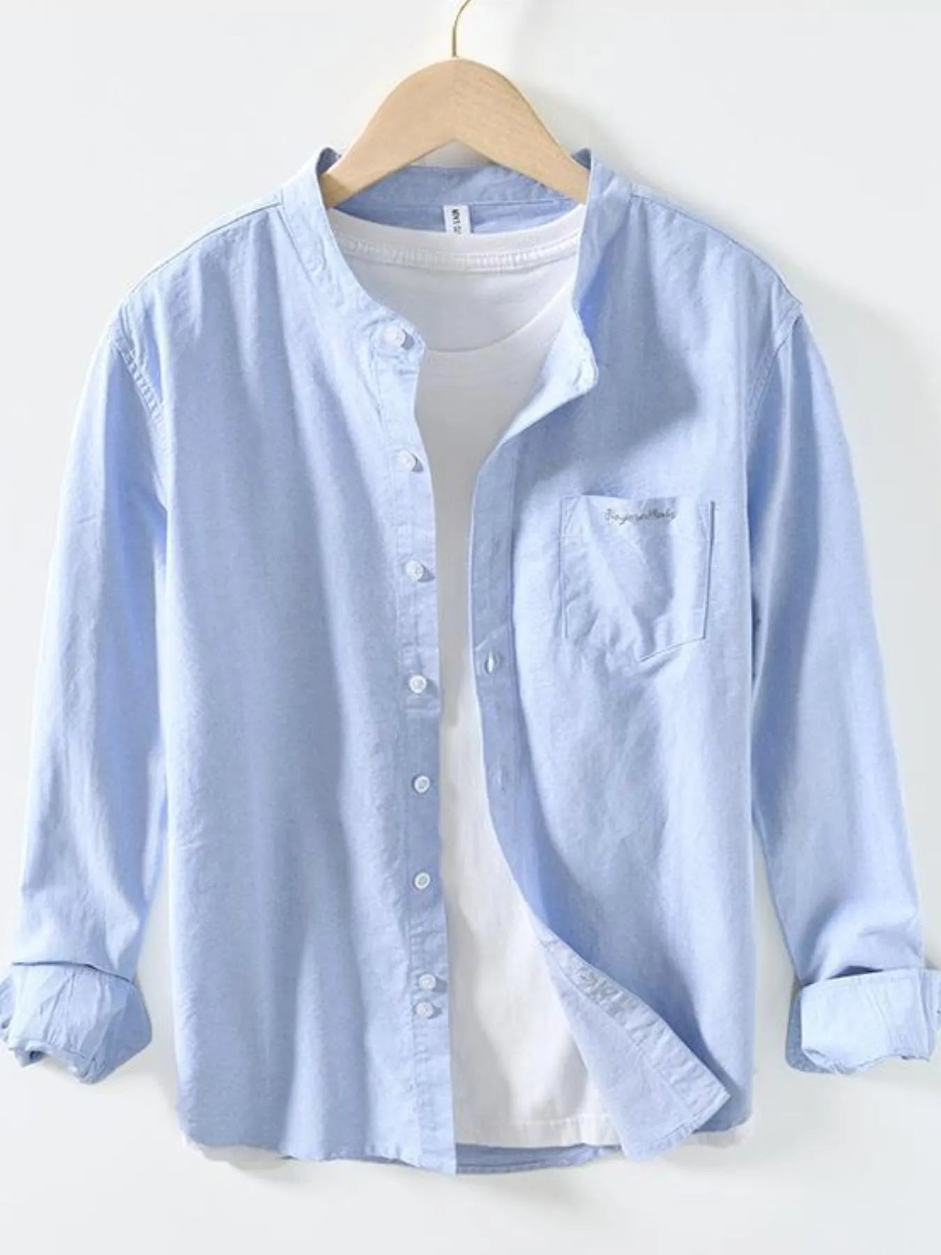 Men's button-up long-sleeve shirt, sky blue, button front and chest pocket