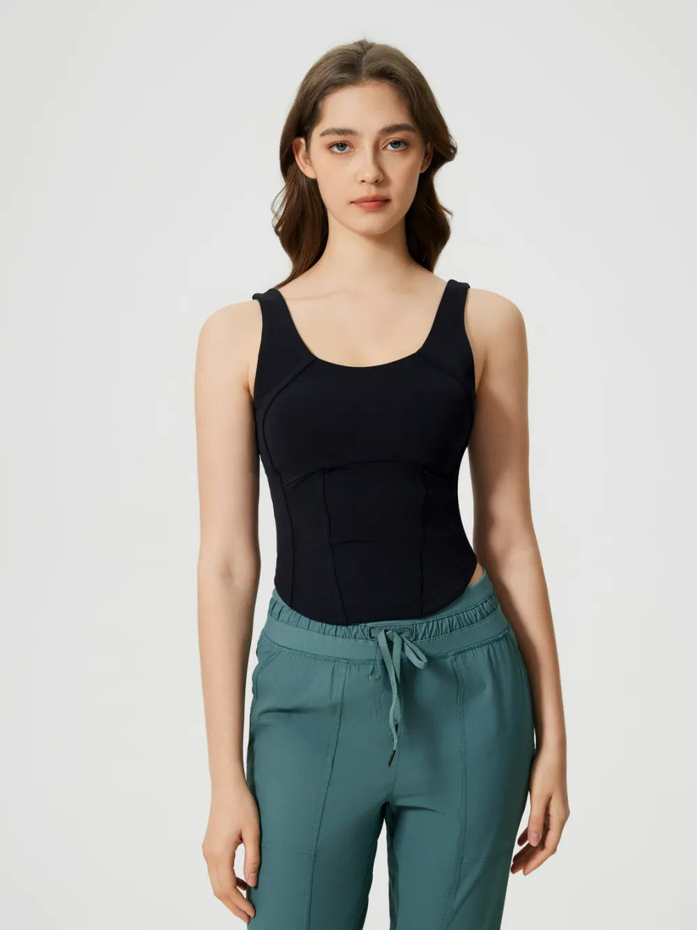 Black active tank top with wide straps and smooth contoured front