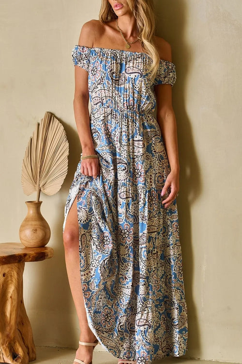 Dusty blue paisley off-shoulder maxi dress, puff sleeves, gathered bodice