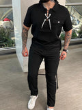 Men's two-piece short sleeve top and jogger pants set in black, chest pocket, drawstring
