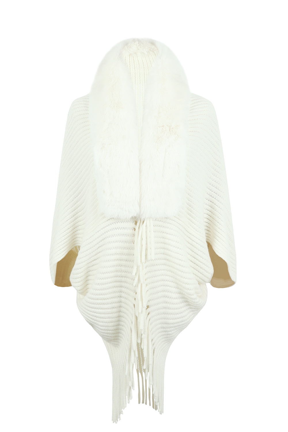Ivory hooded poncho with ribbed knit texture and long fringe hem