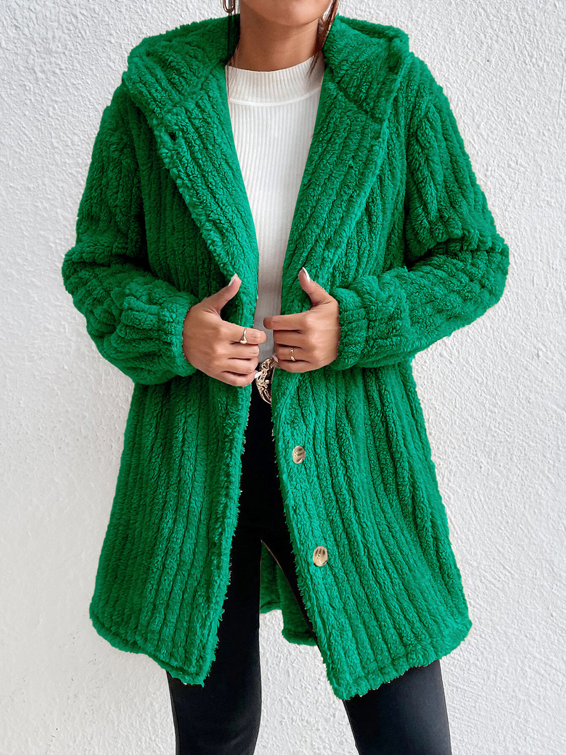 Green button-front hooded coat, textured knit, long sleeves, gold buttons