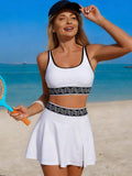 Trendsi Contrast Trim Tank and Skort Swim Set - white with black trim and patterned waistband
