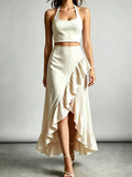 Ruffled halter crop top and high-low maxi skirt set in beige