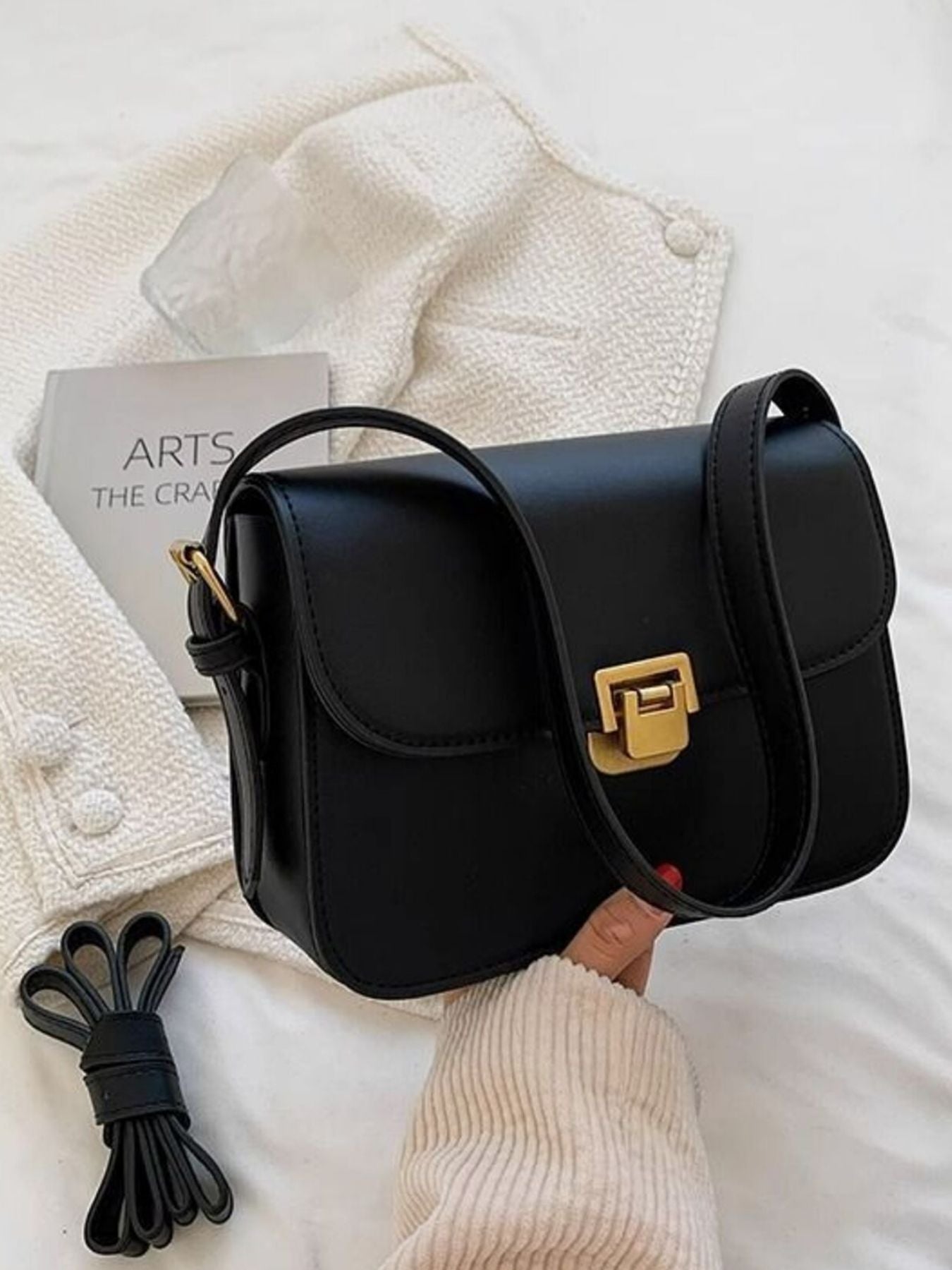 Trendsi Buckle Flap Shoulder Bag, black PU, small size