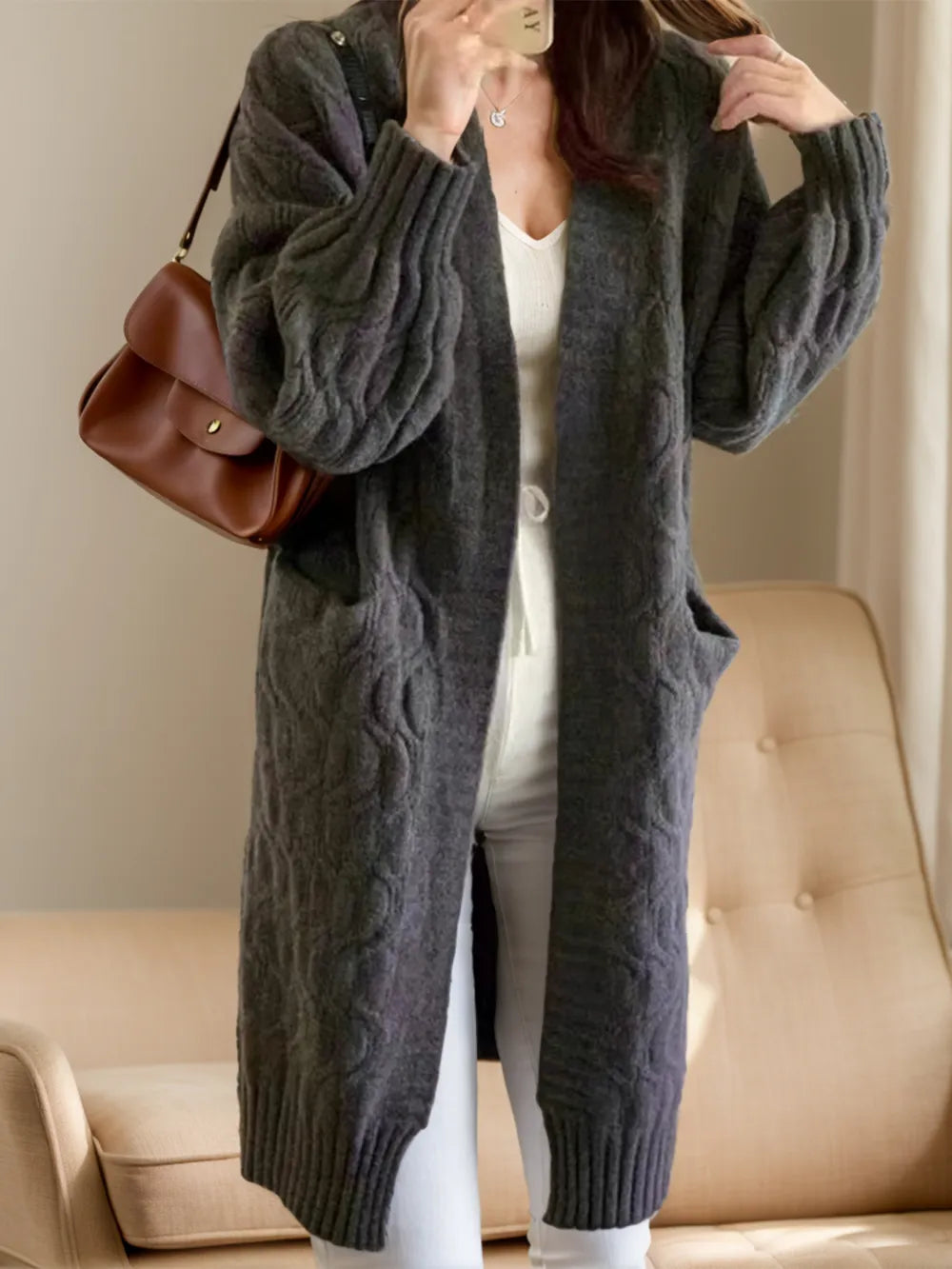 Open-front long sleeve cardigan, textured dark gray cable-knit with long hem