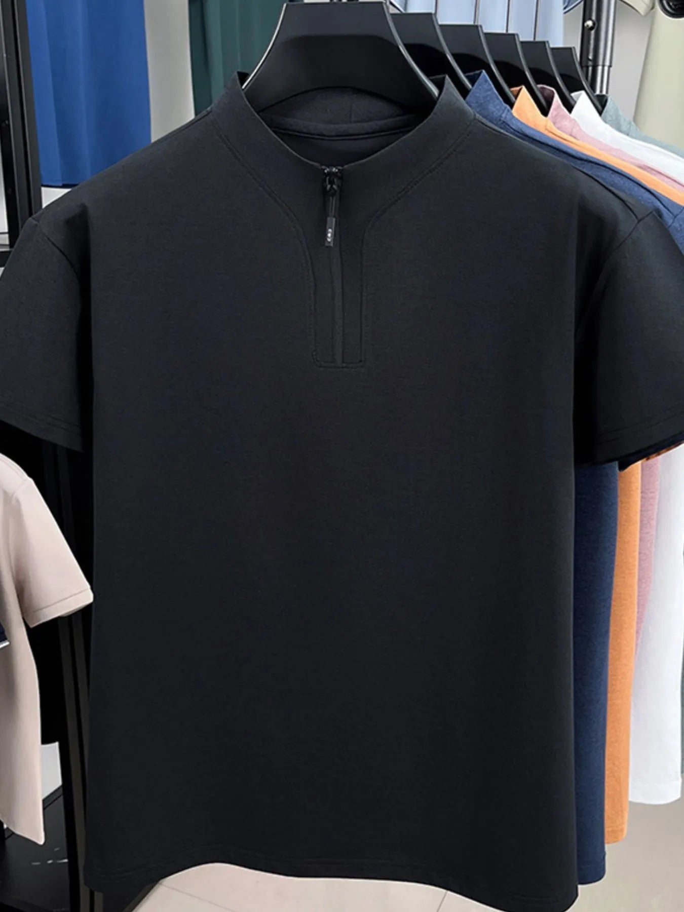 Men's quarter-zip short-sleeve top, black, front half-zip