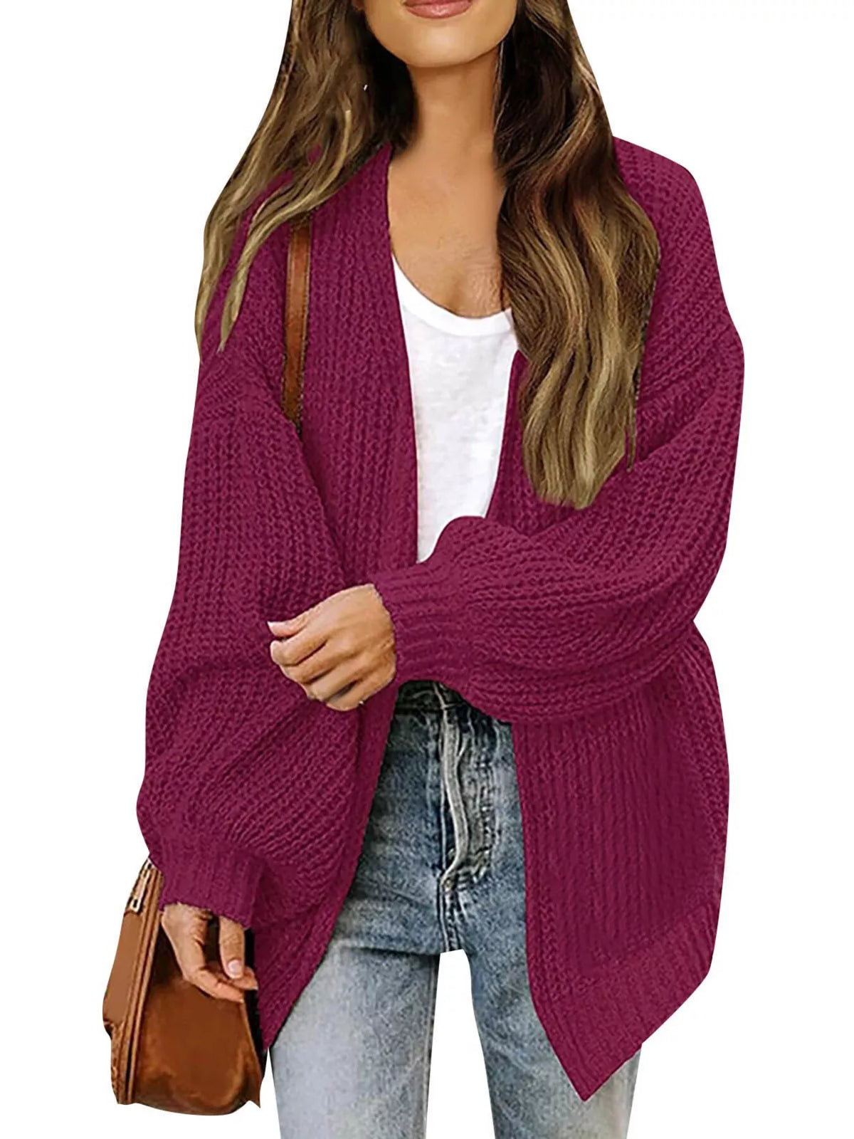 Purple-red waffle-knit open-front chunky cardigan with long sleeves and draped collar