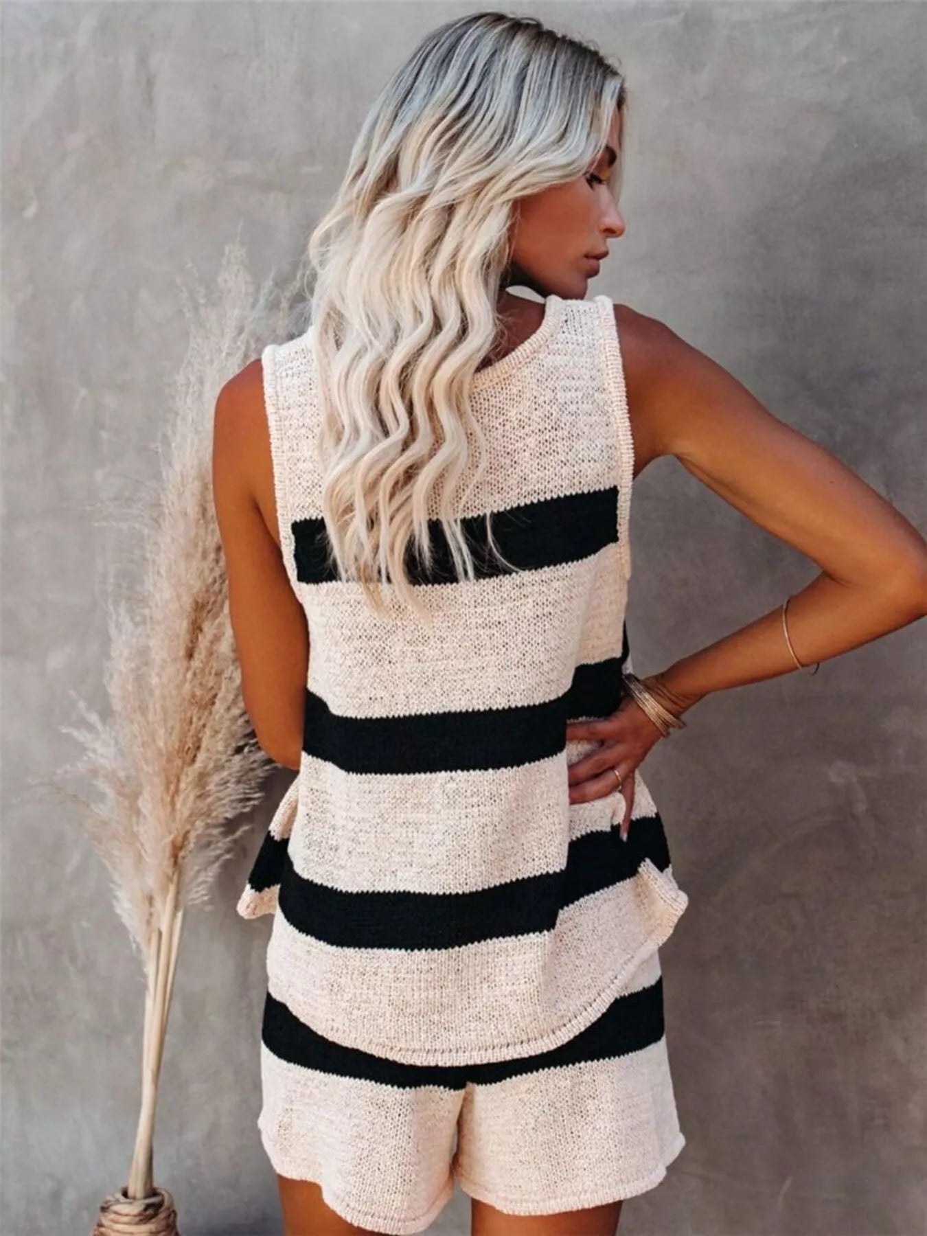 Apricot striped knit tank and shorts set, sleeveless back view, black stripes, drawstring waist