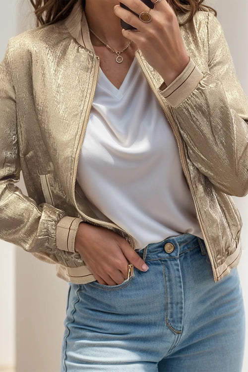 Tan metallic zip-up jacket with baseball collar, ribbed cuffs, and front zipper