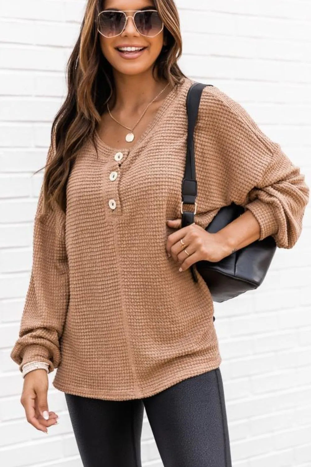 Camel waffle knit long sleeve henley tunic with button placket and slit hem