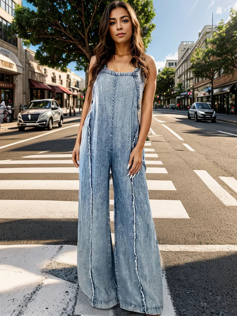 Light wash denim wide-leg overalls with square neckline and adjustable straps