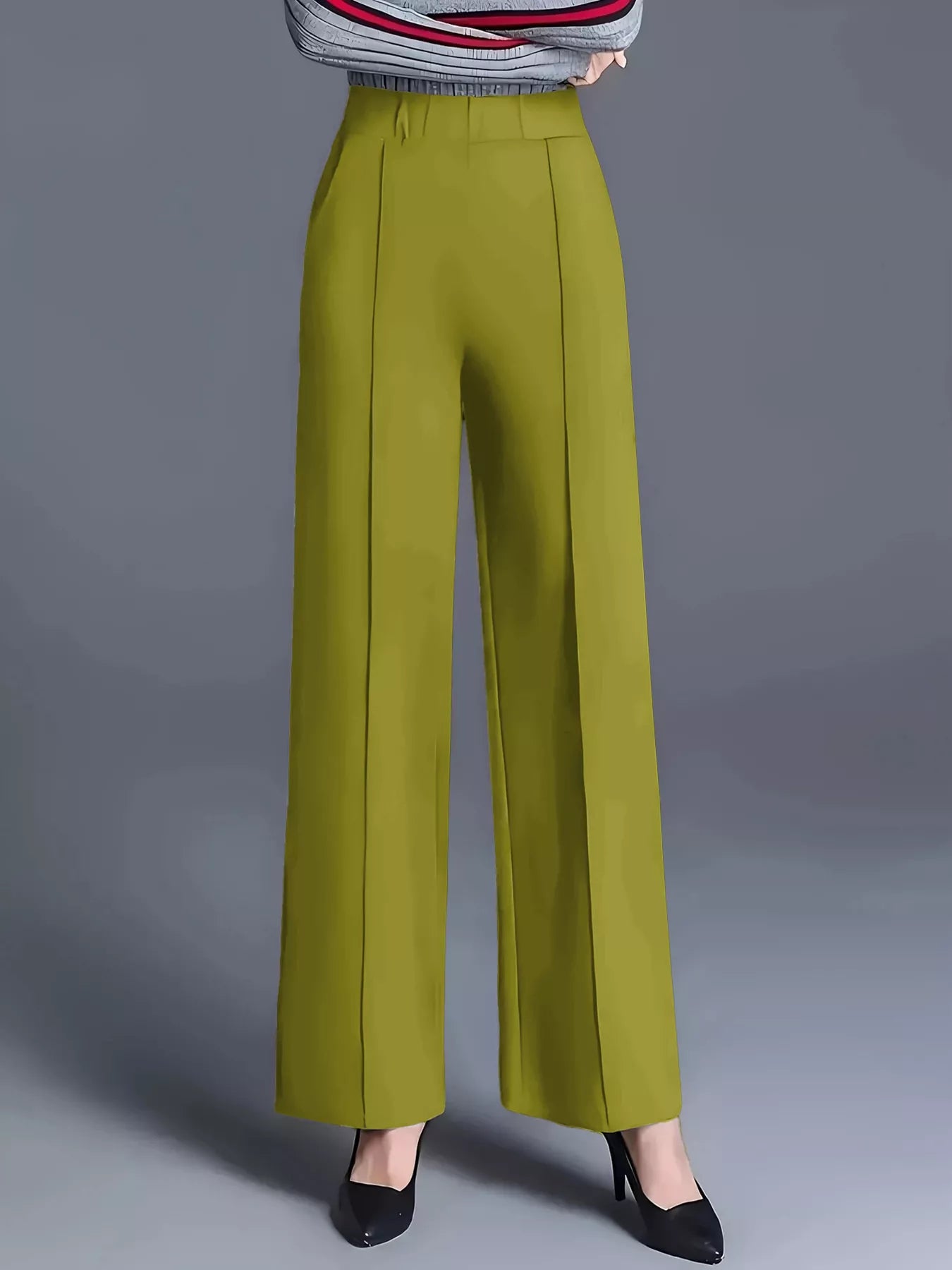 Wide-leg pants with high waist in bright chartreuse green, smooth front and wide legs
