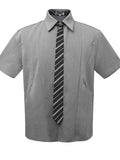 Men's short sleeve shirt with striped necktie, dark gray button-up
