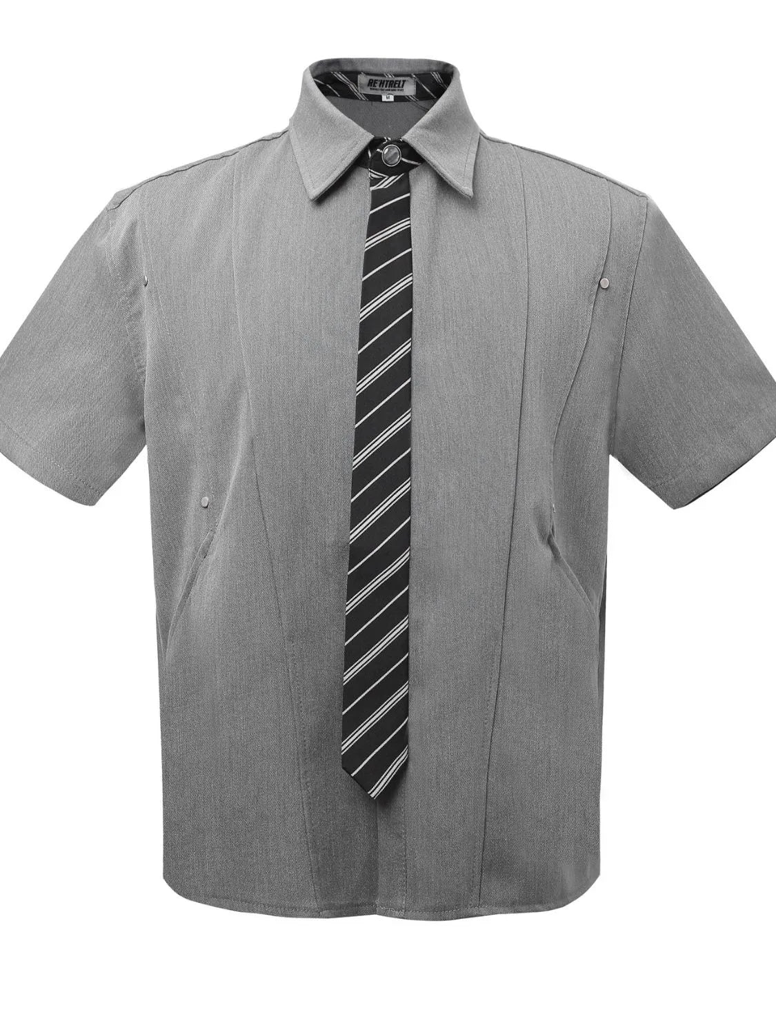 Men's short sleeve shirt with striped necktie, dark gray button-up