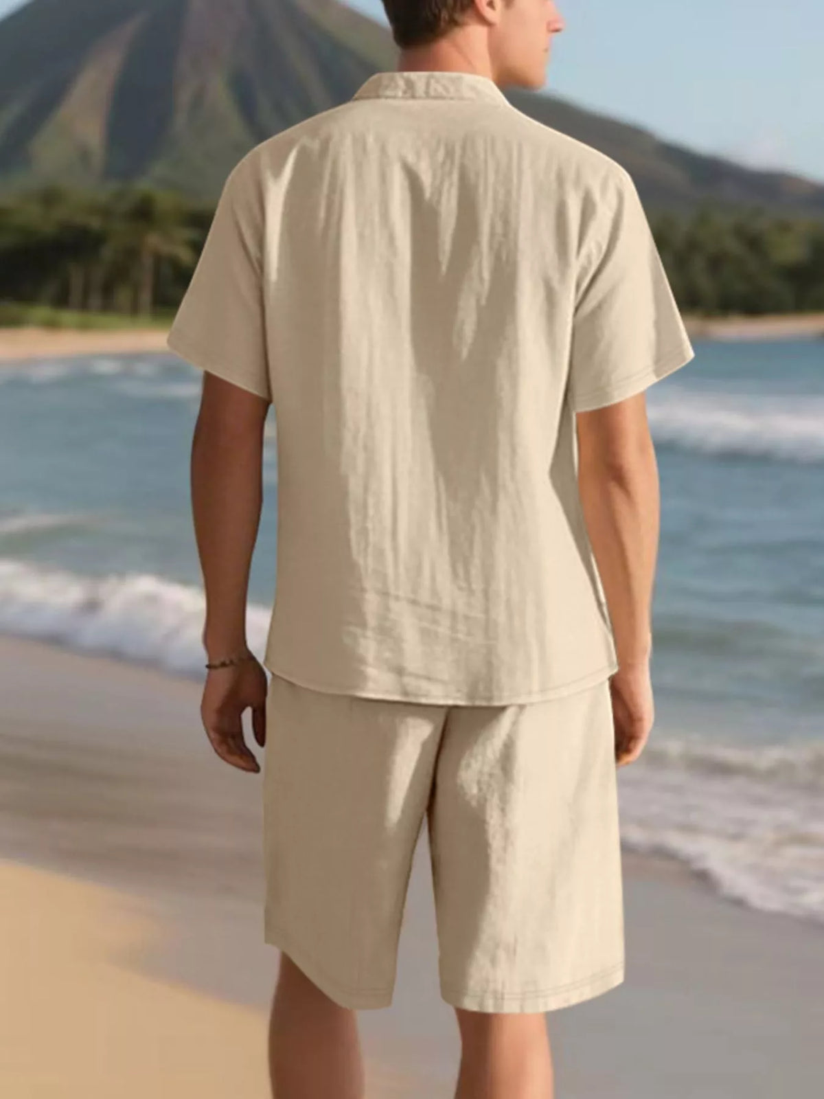 Men's casual pocketed button-up shirt and shorts set, khaki, back view
