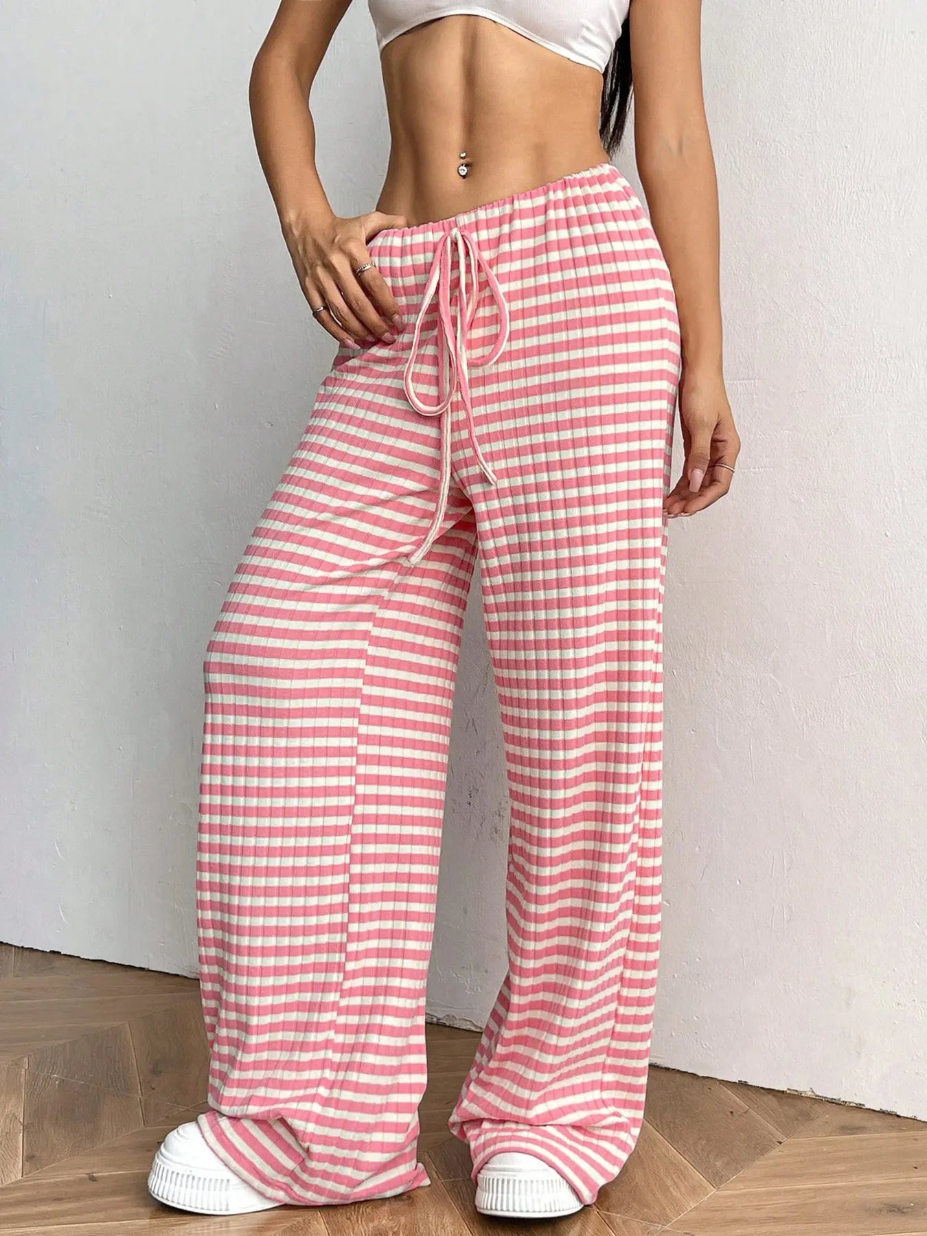 Striped wide-leg drawstring pants, pink-and-white check stripes, elastic waistband