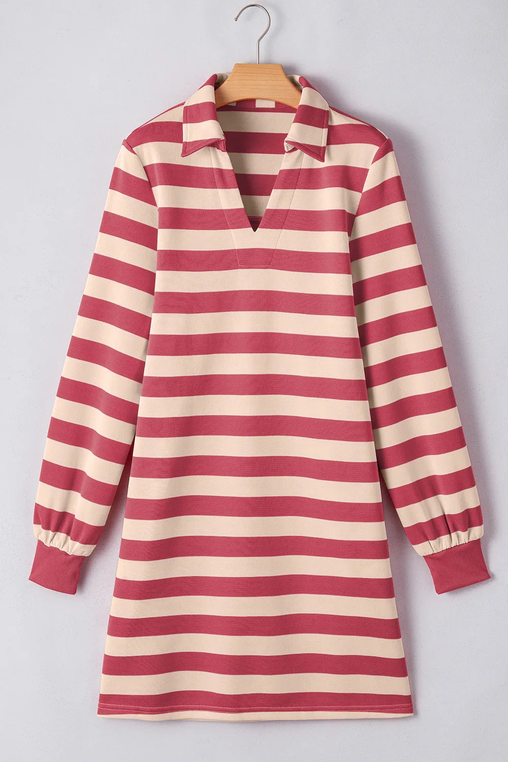Dusty pink and cream striped mini dress with contrast Johnny collar, long sleeves