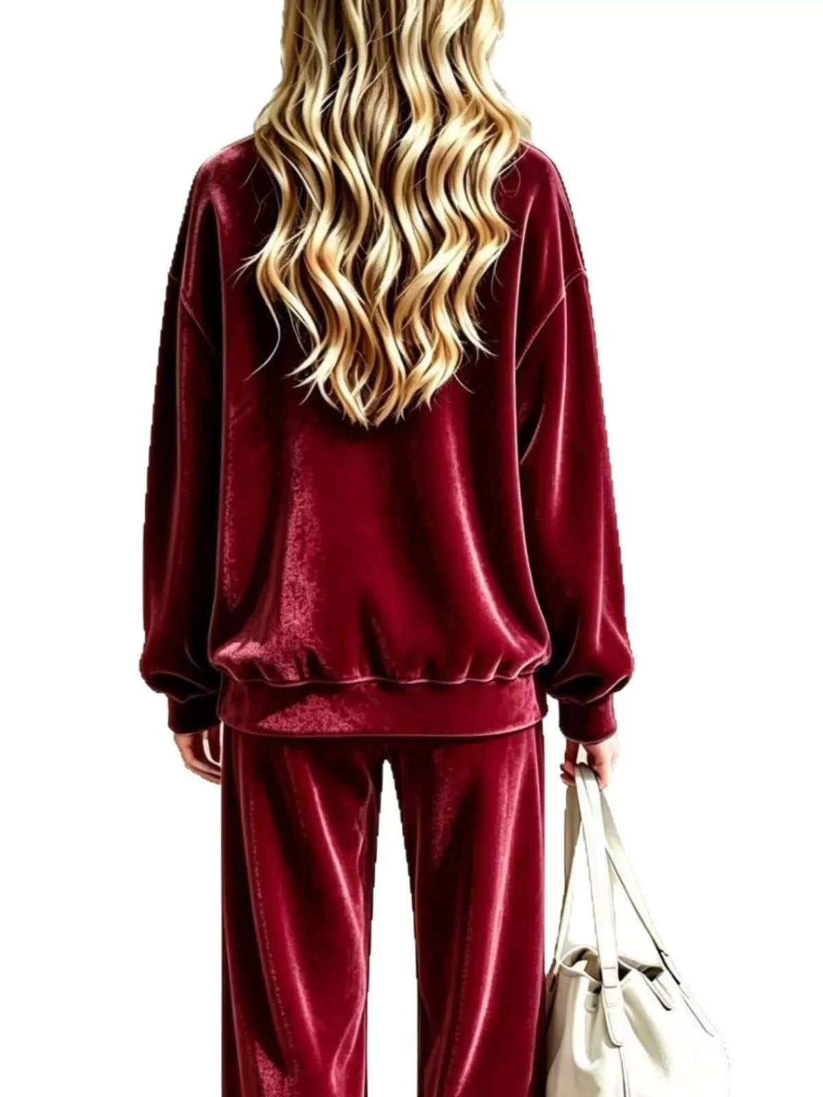 Burgundy velvet two-piece set with long-sleeve pullover top and matching wide-leg pants