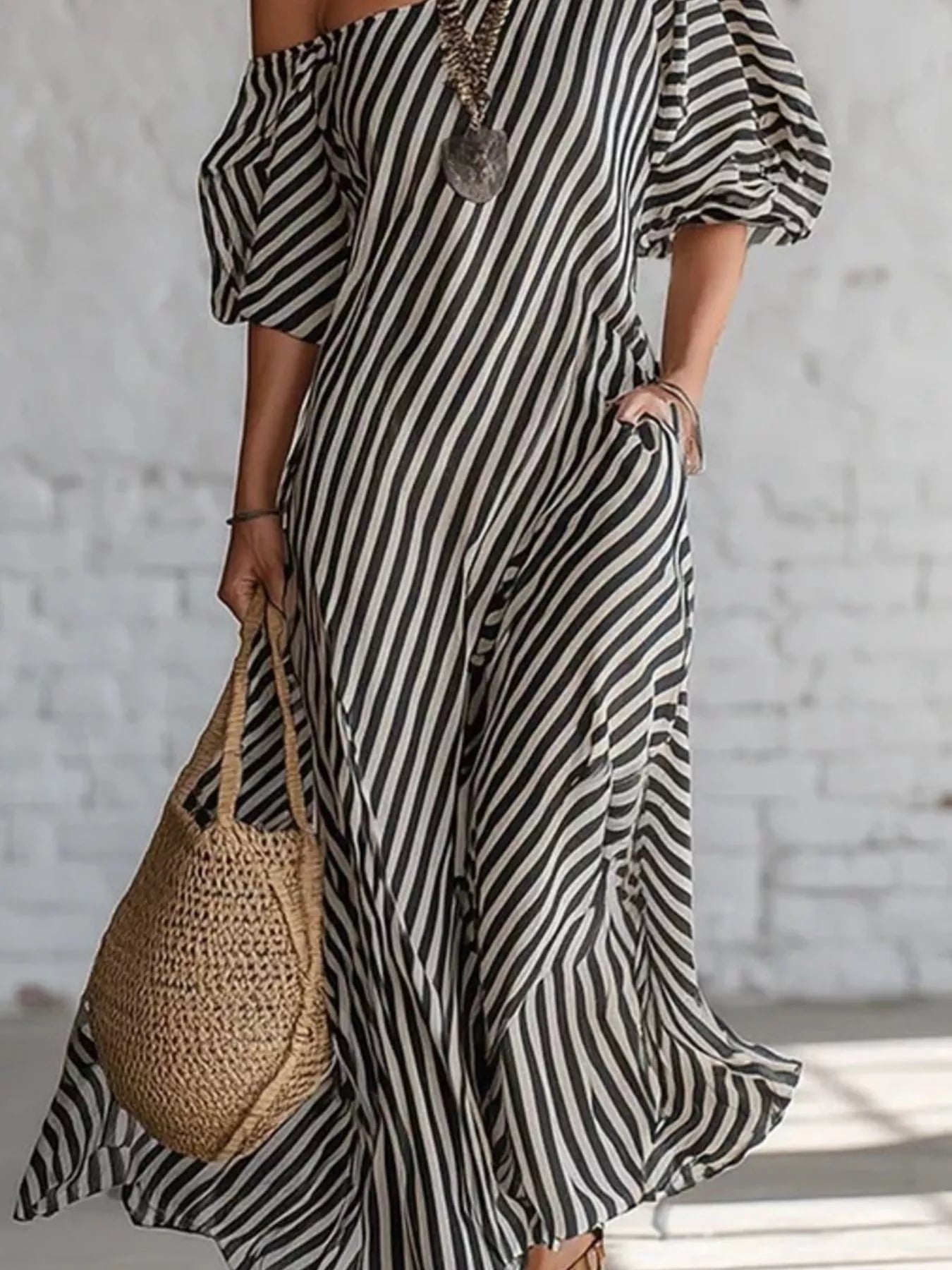 Cedar & Moore Trendsi full-size striped one-shoulder maxi dress, black and white, plus size