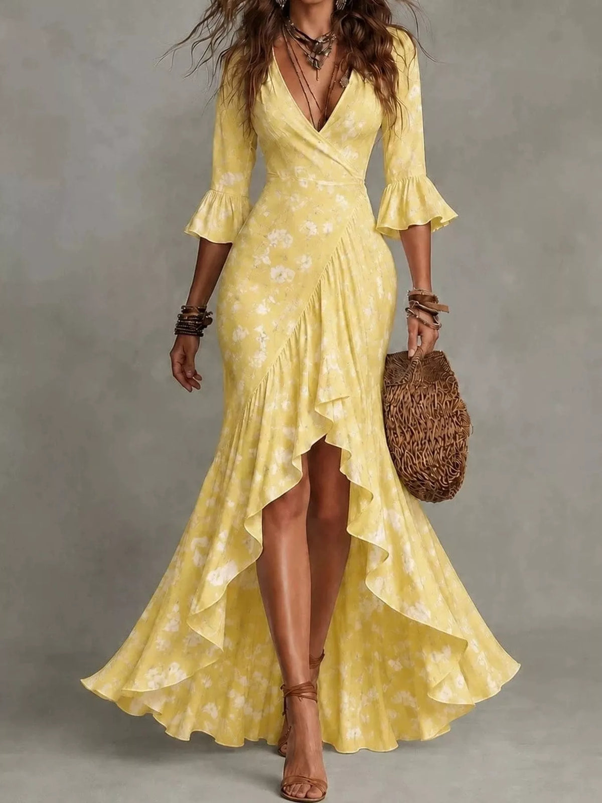 Yellow high-low ruffled dress with V-neck, three-quarter bell sleeves and floral dots