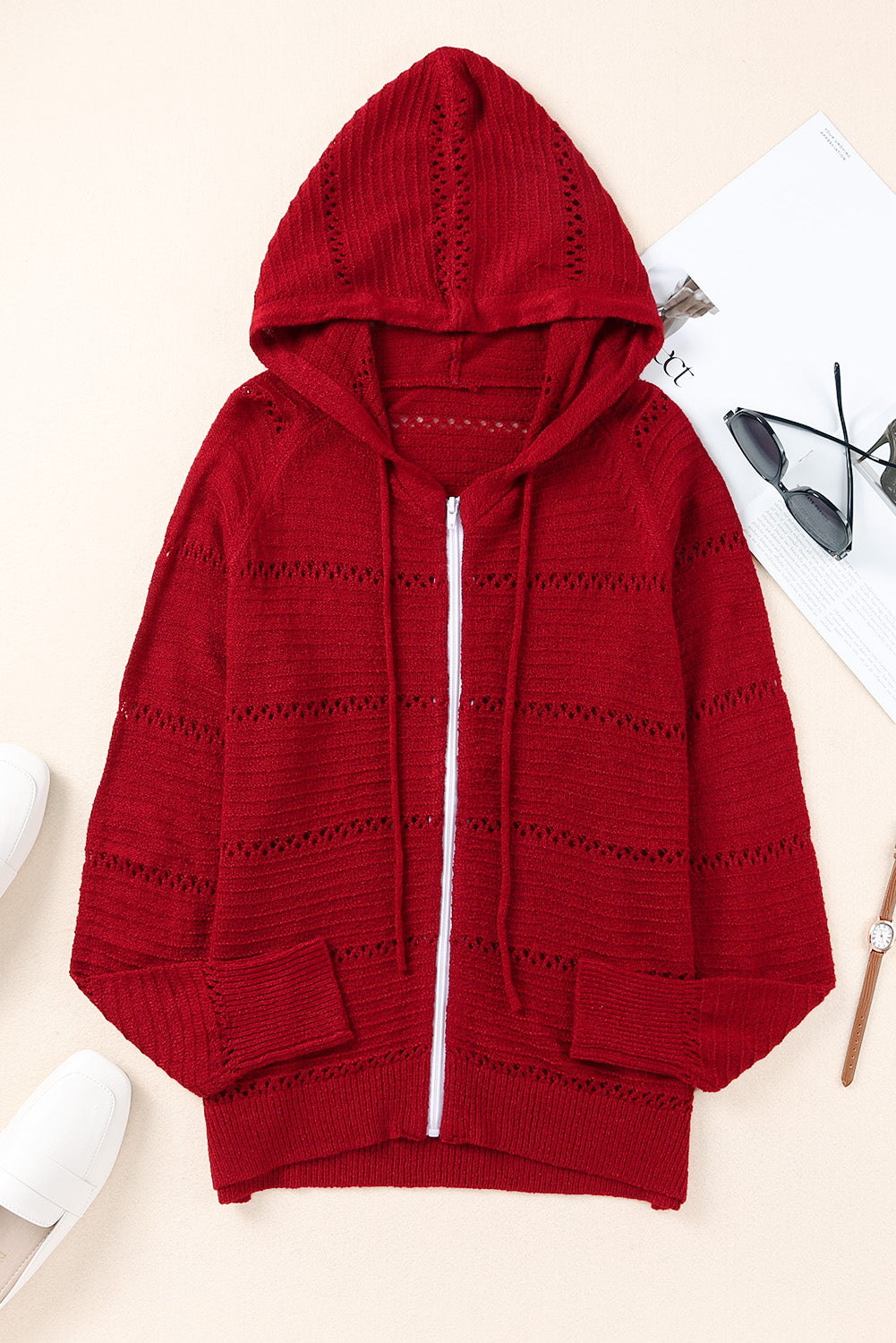 Openwork hooded zip-up cardigan in deep red knit with drawstring hood and pockets