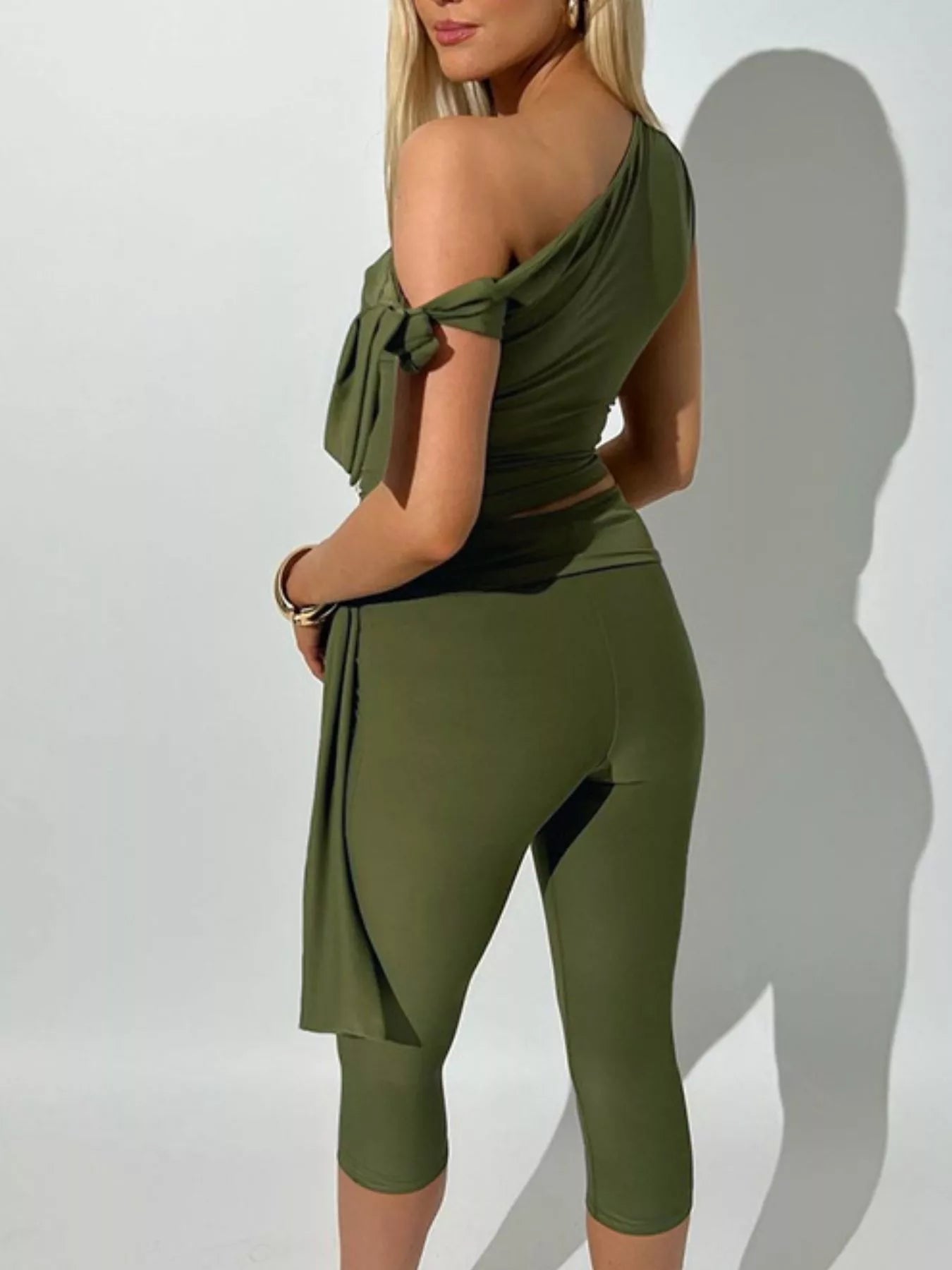 Moss green one-shoulder tie-knot top with long tie and matching capri pants