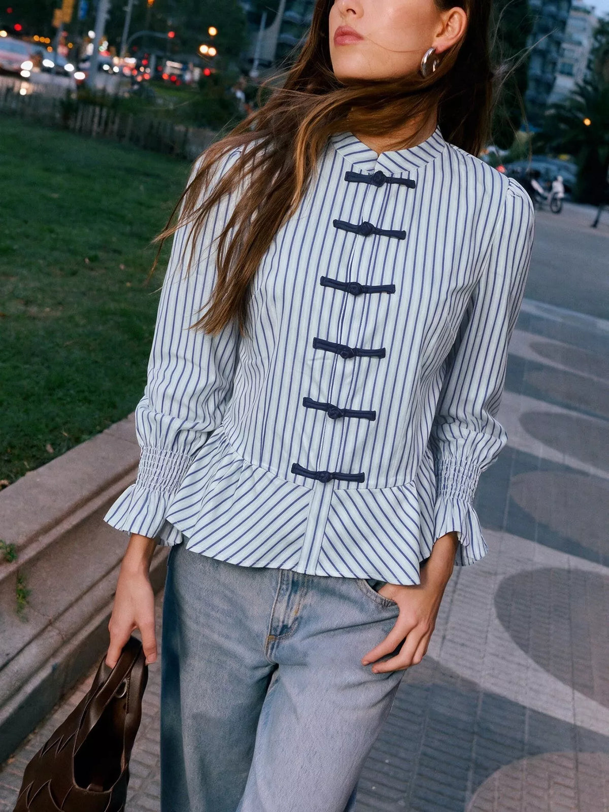 Womens blue-and-white striped mandarin peplum knot shirt with button-style toggle closure