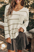 White striped V-neck drop-shoulder sweater with ribbed cuffs and hem