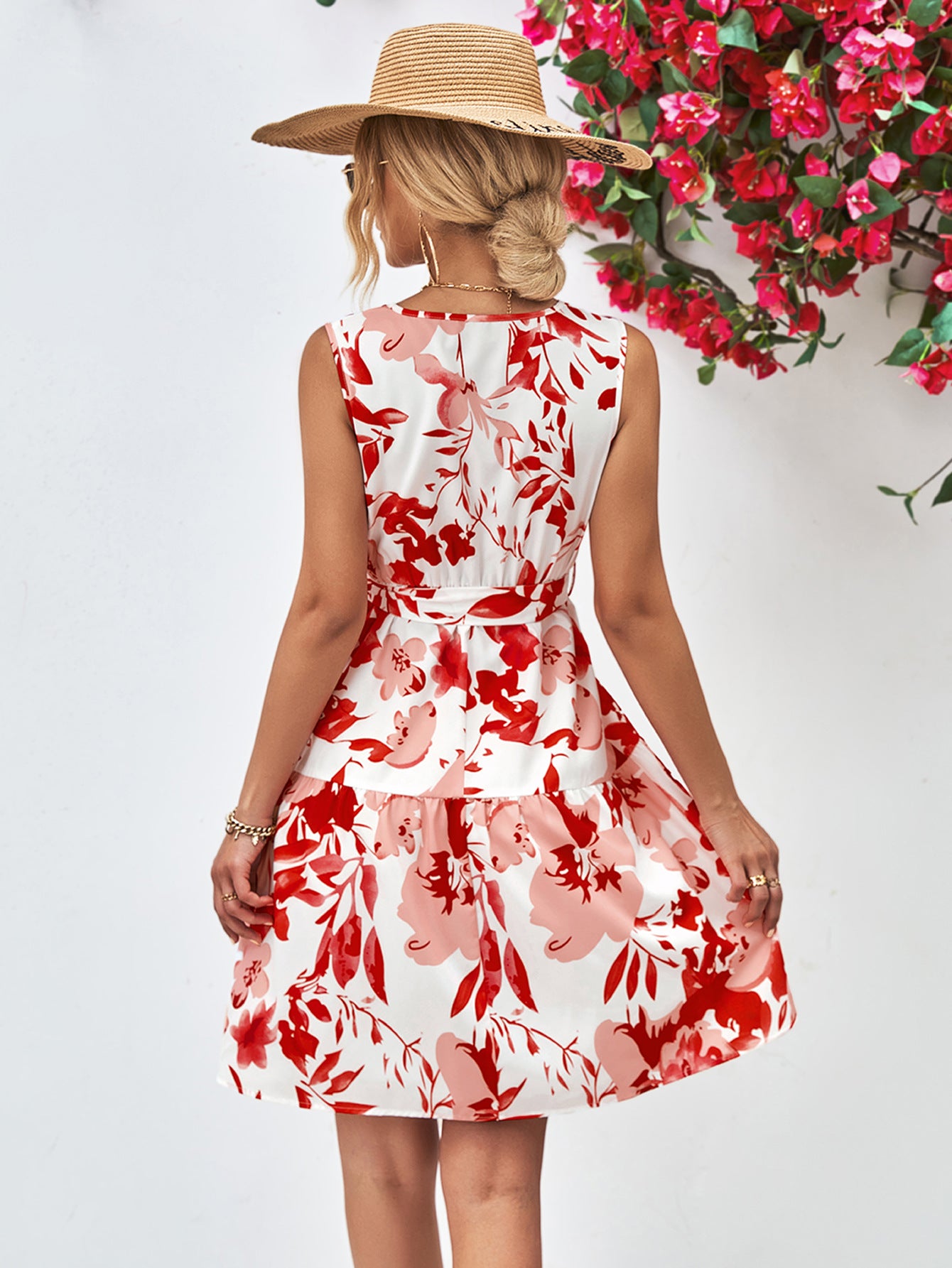 Sleeveless floral V-neck tie-waist dress, red and white, gathered ruffle hem