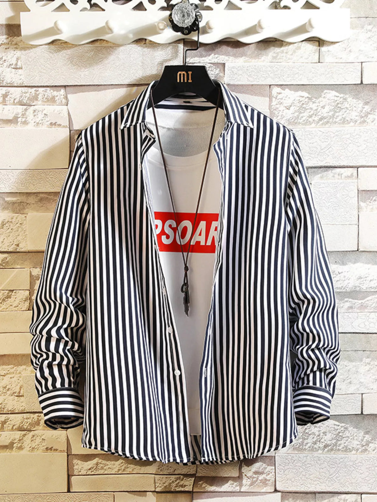 Men's striped casual button-up shirt in dark navy with white vertical stripes