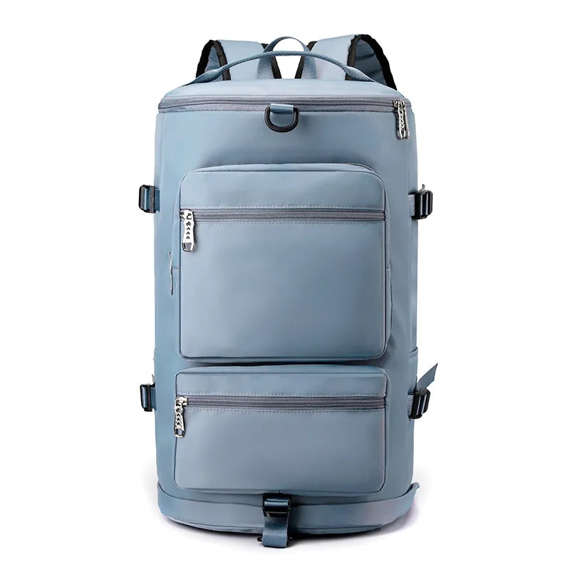Light blue large travel backpack with front zip pockets and side buckle straps.