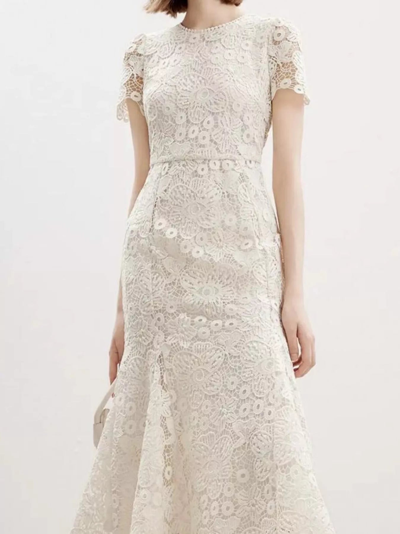 Cedar & Moore Lace Short Sleeve Mermaid Dress in ivory with zipper detail Trendsi