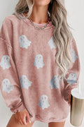 Pale blush oversized crewneck sweatshirt with light-blue ghost graphic print