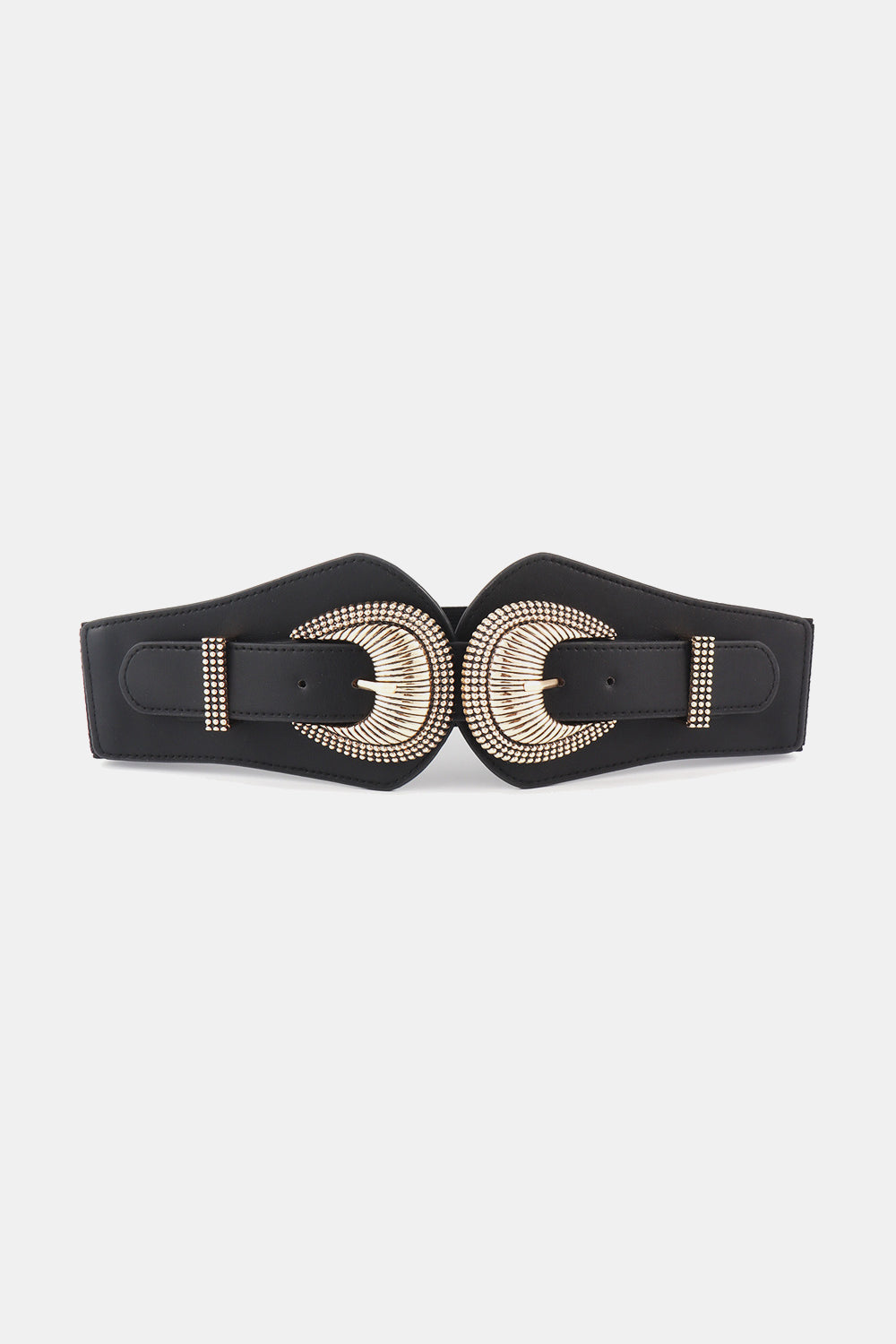 Black elastic wide belt with double shell buckle in gold-tone metal and stud accents