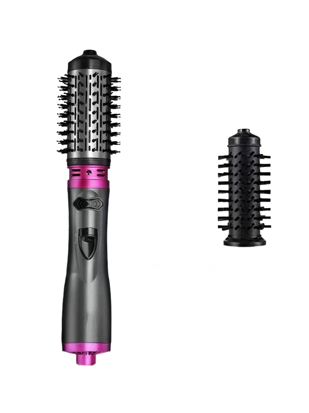 Gray hot air brush hair dryer styler with round bristle brush barrel attachment