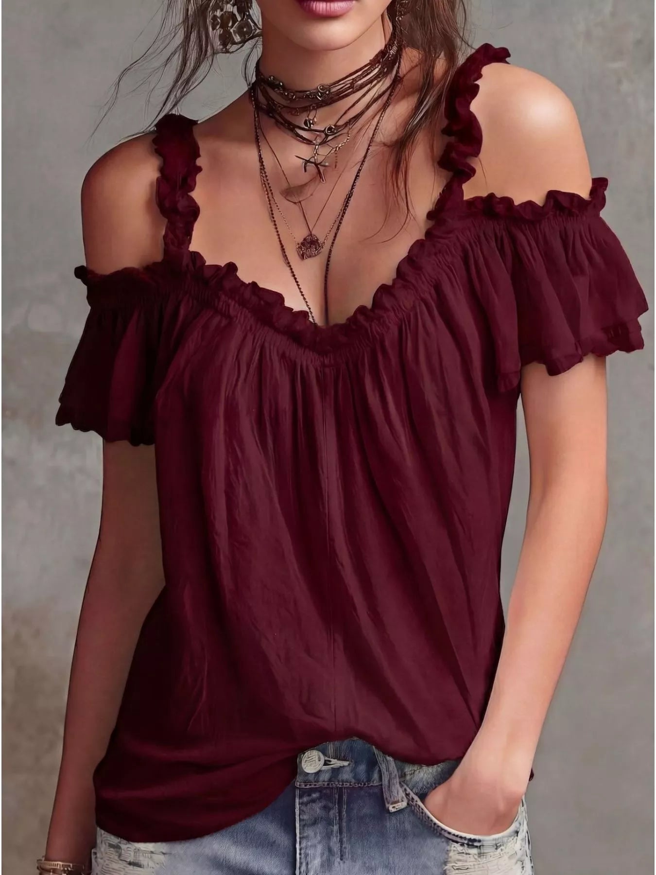 Burgundy cold-shoulder blouse with scalloped ruffle off-shoulder neckline