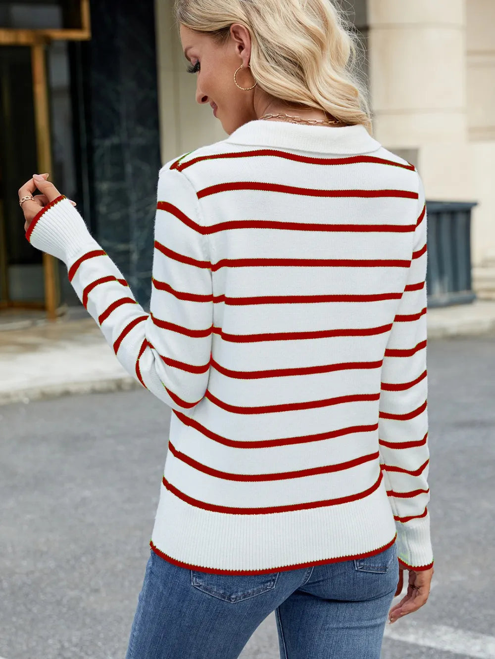 Striped Johnny-collar sweater in white with red horizontal stripes, back view