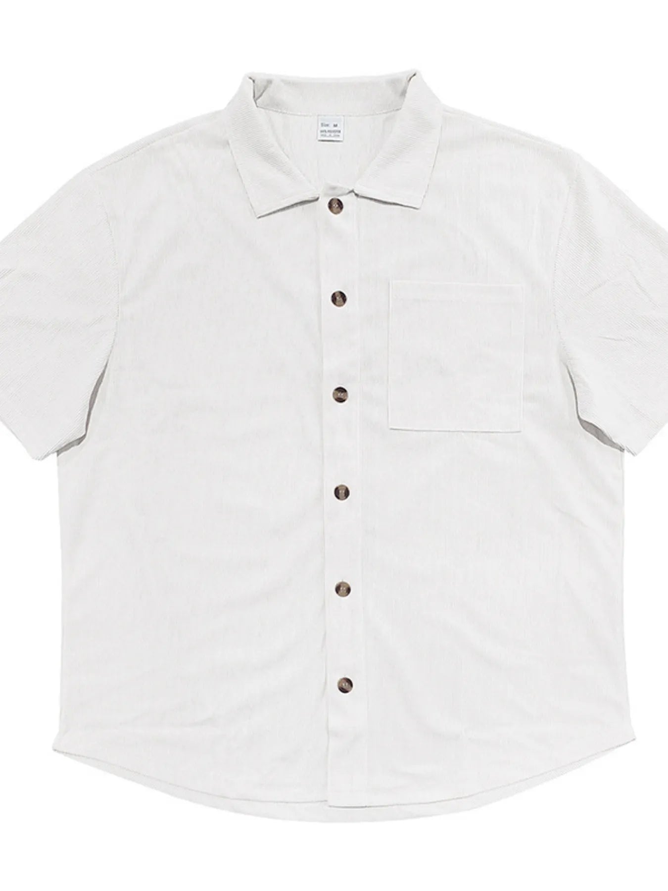 Men's short-sleeve button-up shirt with collar and chest pocket, white.