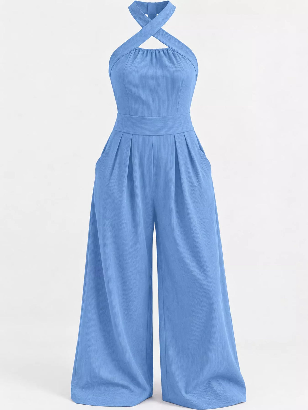 Sky blue linen halter jumpsuit with high waist and wide-leg pants