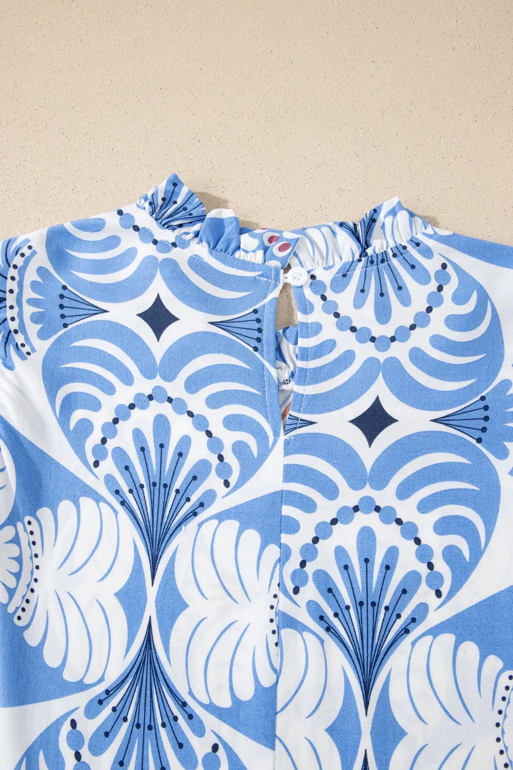Cedar & Moore Tropical Botanic Print Flutter Sleeve Vacation Dress in blue and white