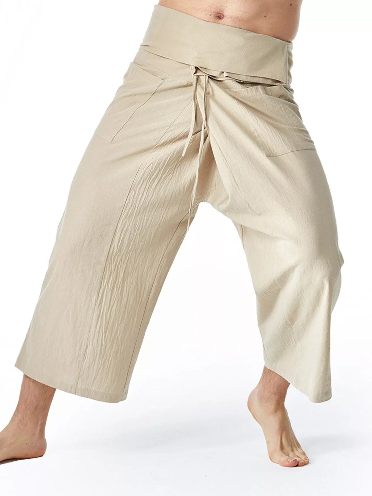 Men's khaki loose-fit drawstring pants, tied waistband